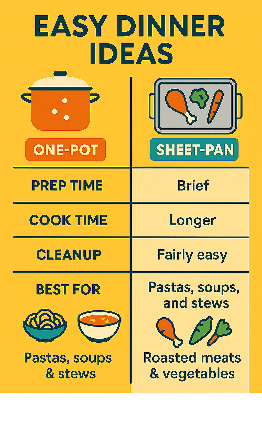 Infographic comparing one-pot vs sheet-pan easy dinner ideas: Prep time, cook time, cleanup effort, and best meals for each method. - easy dinner ideas infographic 