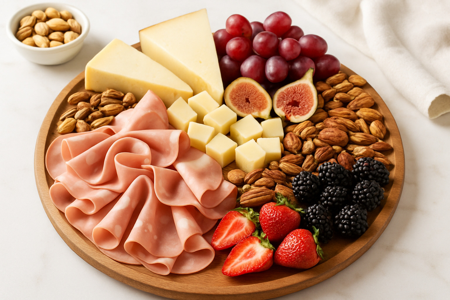 Mortadella charcuterie board with thinly sliced mortadella, cheeses, nuts, and fresh fruits, perfect for Italian-inspired entertaining - mortadella
