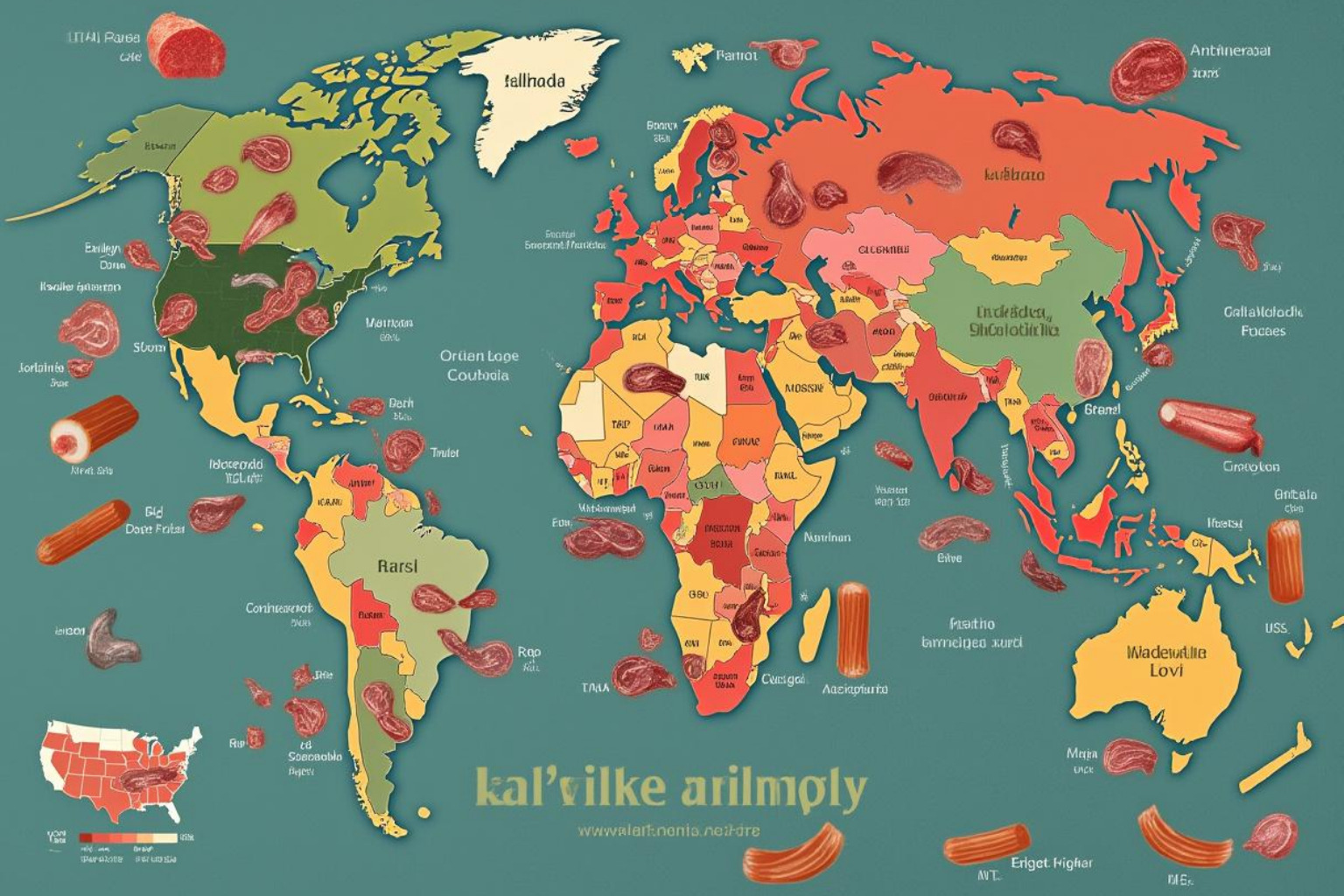 Map showing mortadella variants worldwide: Italy, Brazil, Vietnam, Russia, Middle East, U.S. - mortadella