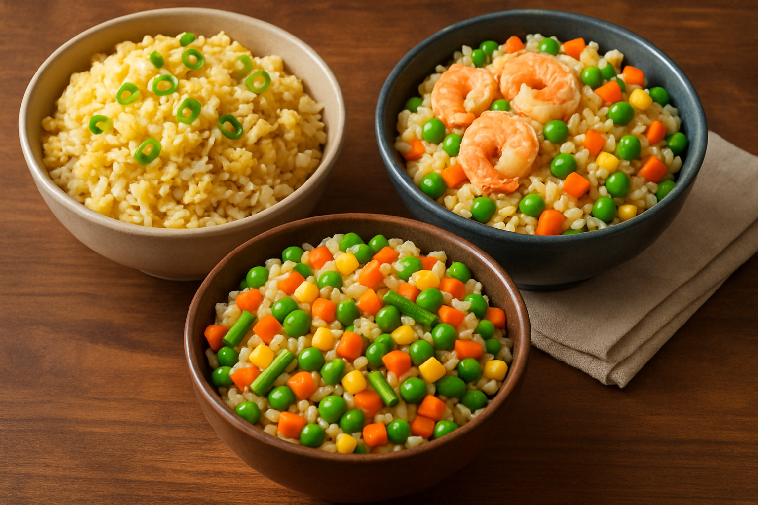 Three bowls showing different fried rice variations - classic egg fried rice, shrimp fried rice, and vegetarian fried rice with colorful vegetables - fried rice recipe