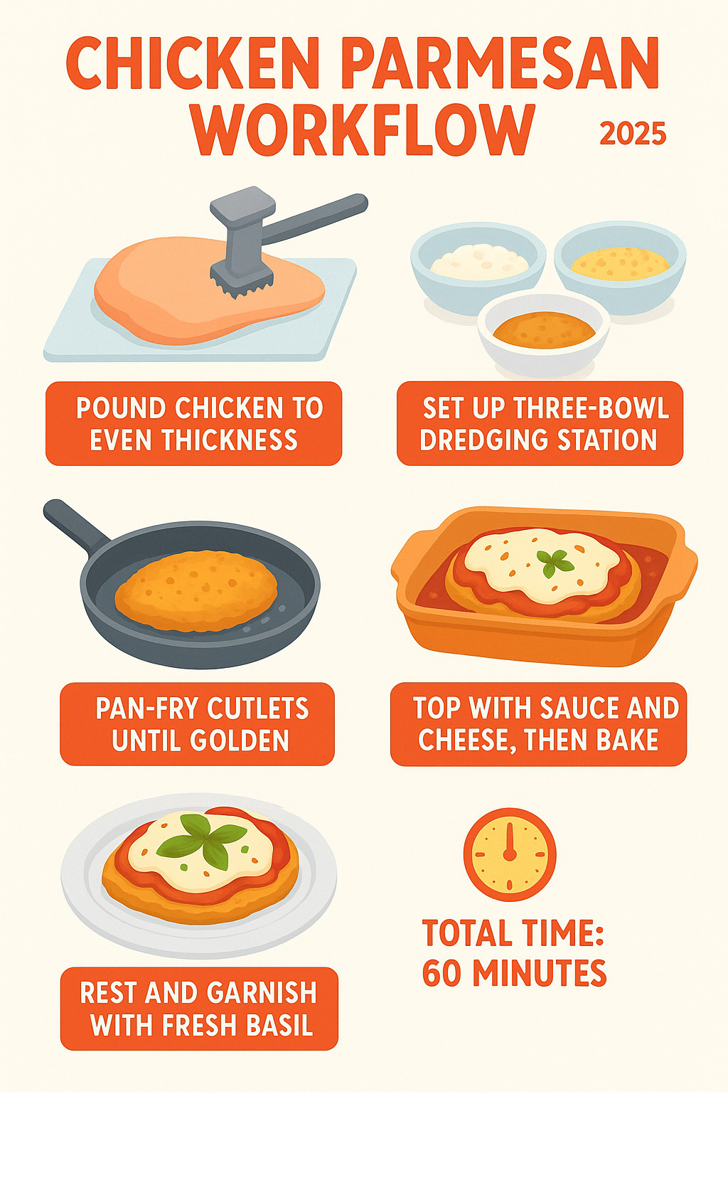 Step-by-step chicken parmesan workflow showing 5 stages: 1) Pound chicken to even thickness, 2) Set up three-bowl dredging station, 3) Pan-fry cutlets until golden, 4) Top with sauce and cheese then bake, 5) Rest and garnish with fresh basil - total time 60 minutes - chicken parmesan infographic 