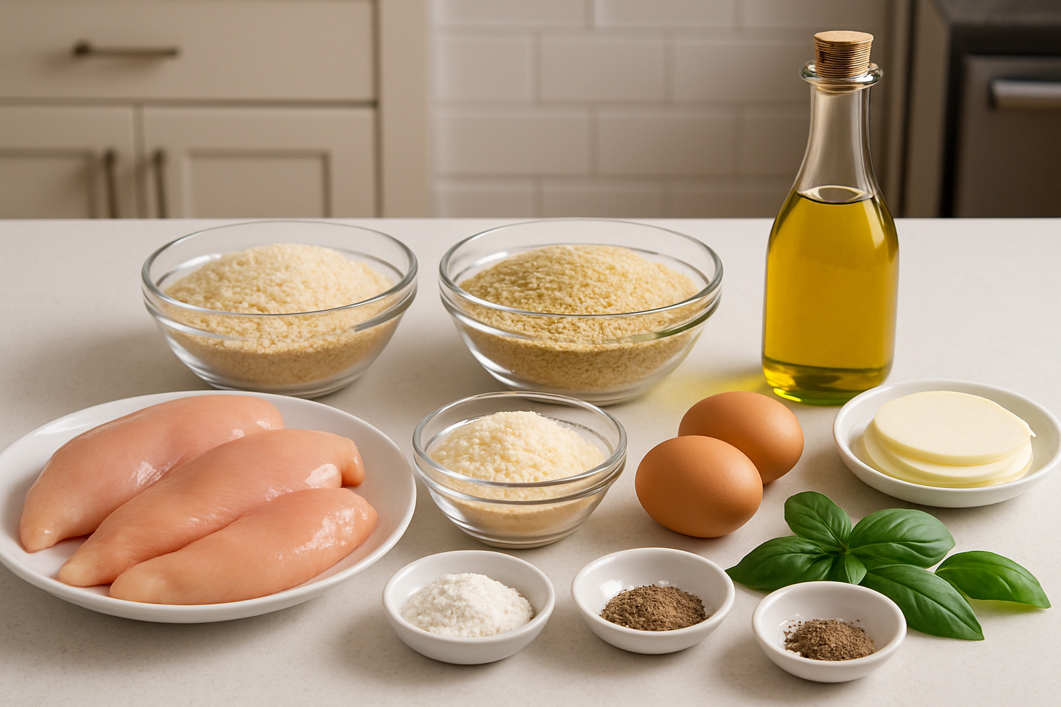 Mise en place: chicken breasts, breadcrumbs, Parmesan, mozzarella, eggs, basil, flour, seasonings, and olive oil - all laid out before starting - chicken parmesan