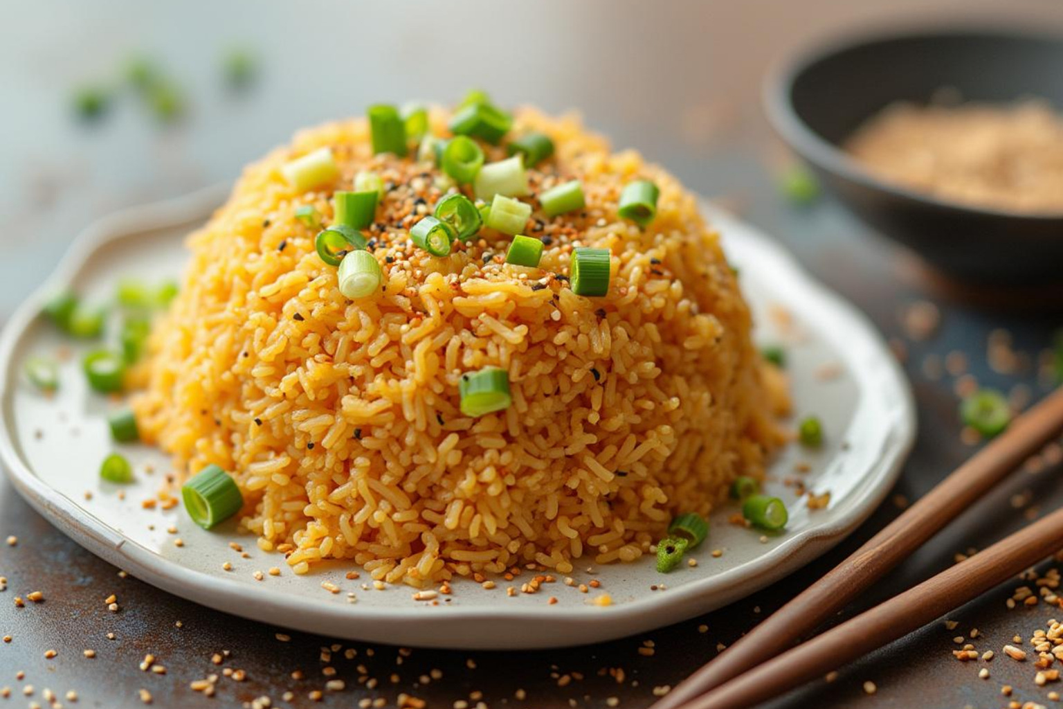 Finished plate of perfectly golden fried rice garnished with fresh scallions and a sprinkle of sesame seeds - fried rice recipe