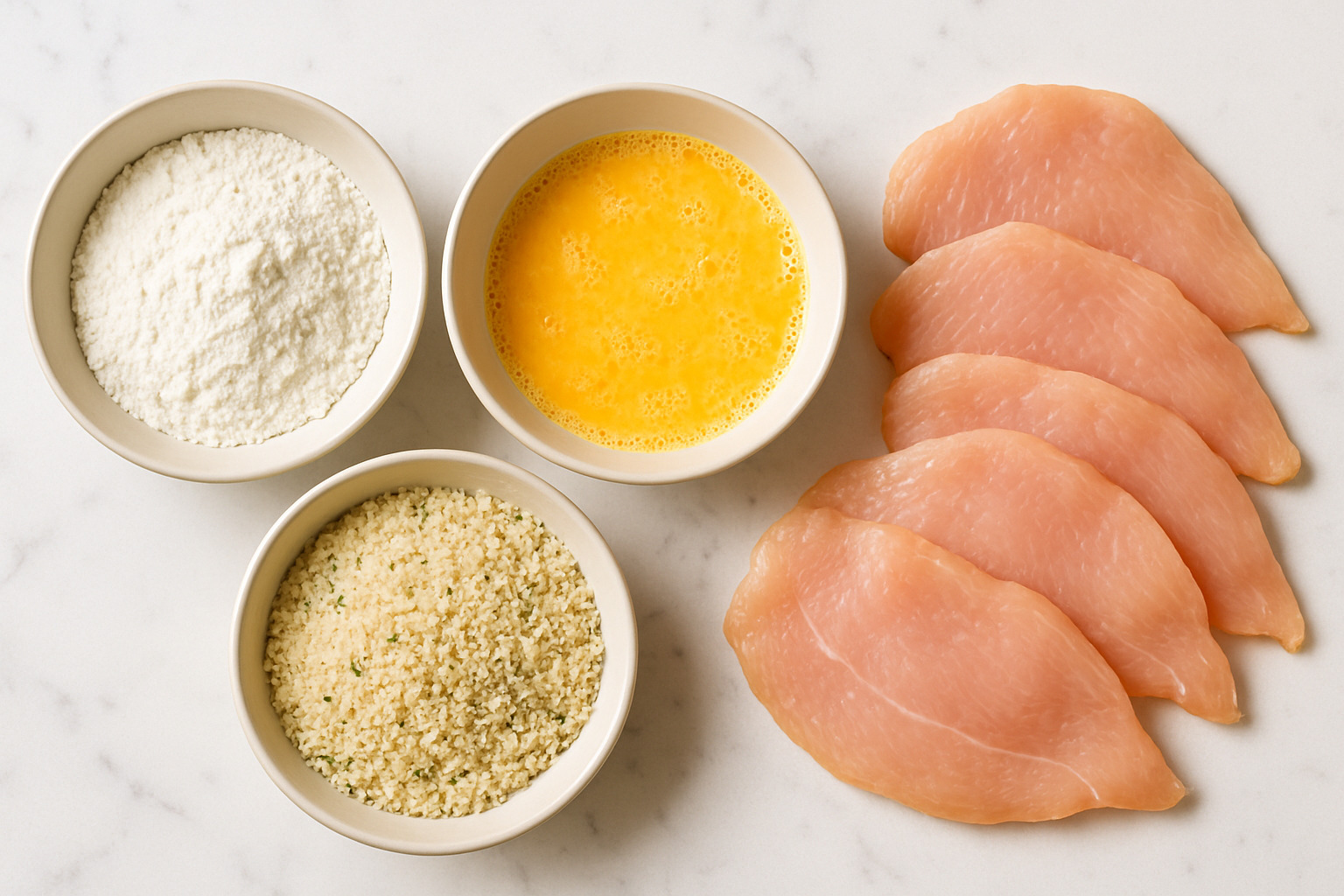 The dredging station: flour, egg wash, and panko-Parmesan mix ready for action next to pounded chicken cutlets - chicken parmesan