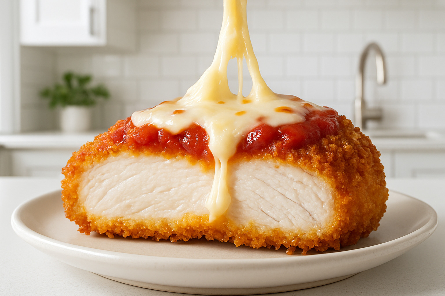 Cross-section of air-fried chicken parm cutlet: crunchy golden crust, juicy center, cheese pull - chicken parmesan