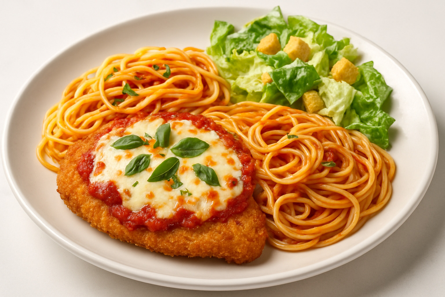 Plated chicken parmesan with spaghetti, fresh basil, and a side of Caesar salad - chicken parmesan