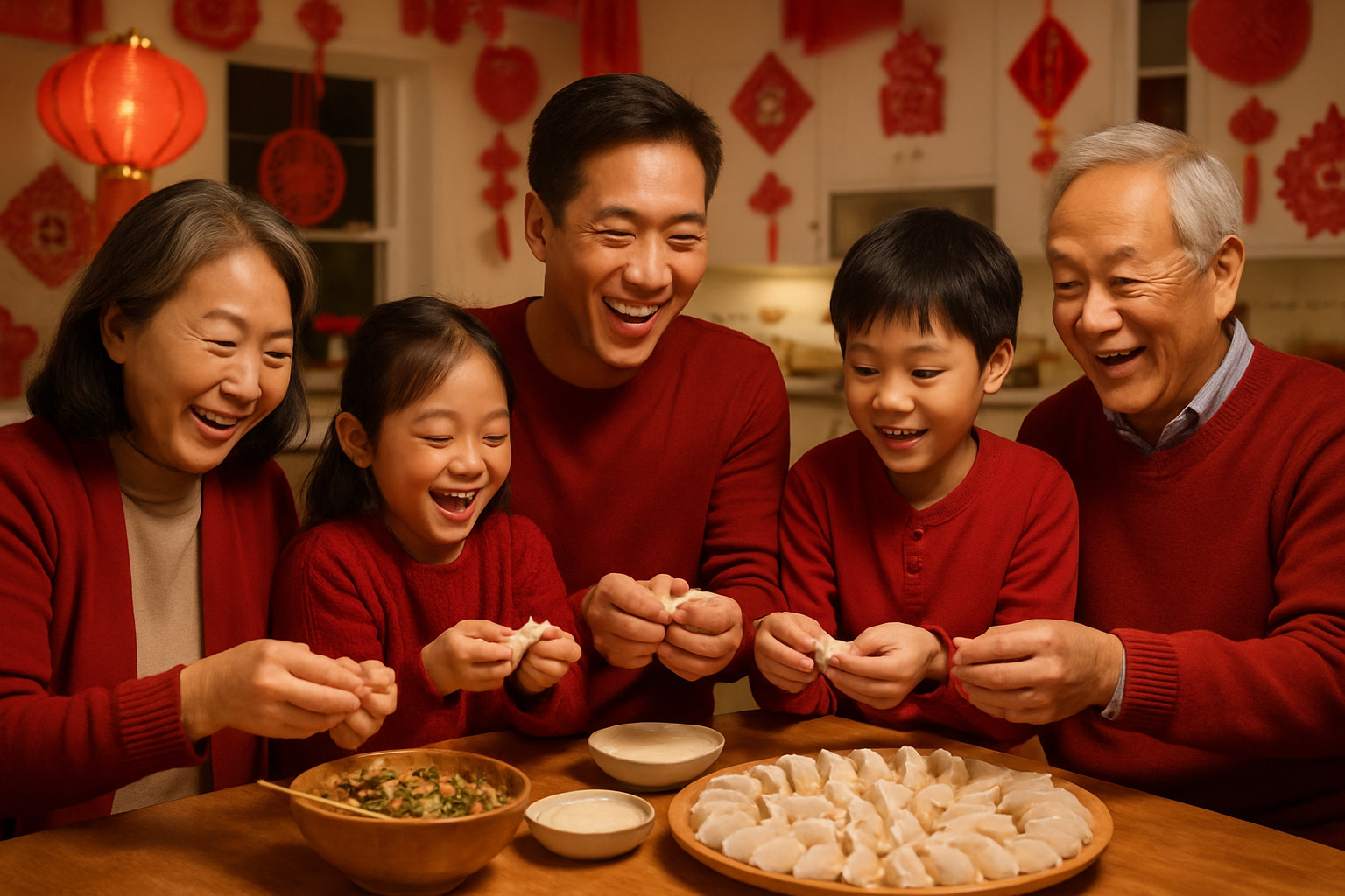 Families making jiaozi together at New Year with festive decorations - dumplings