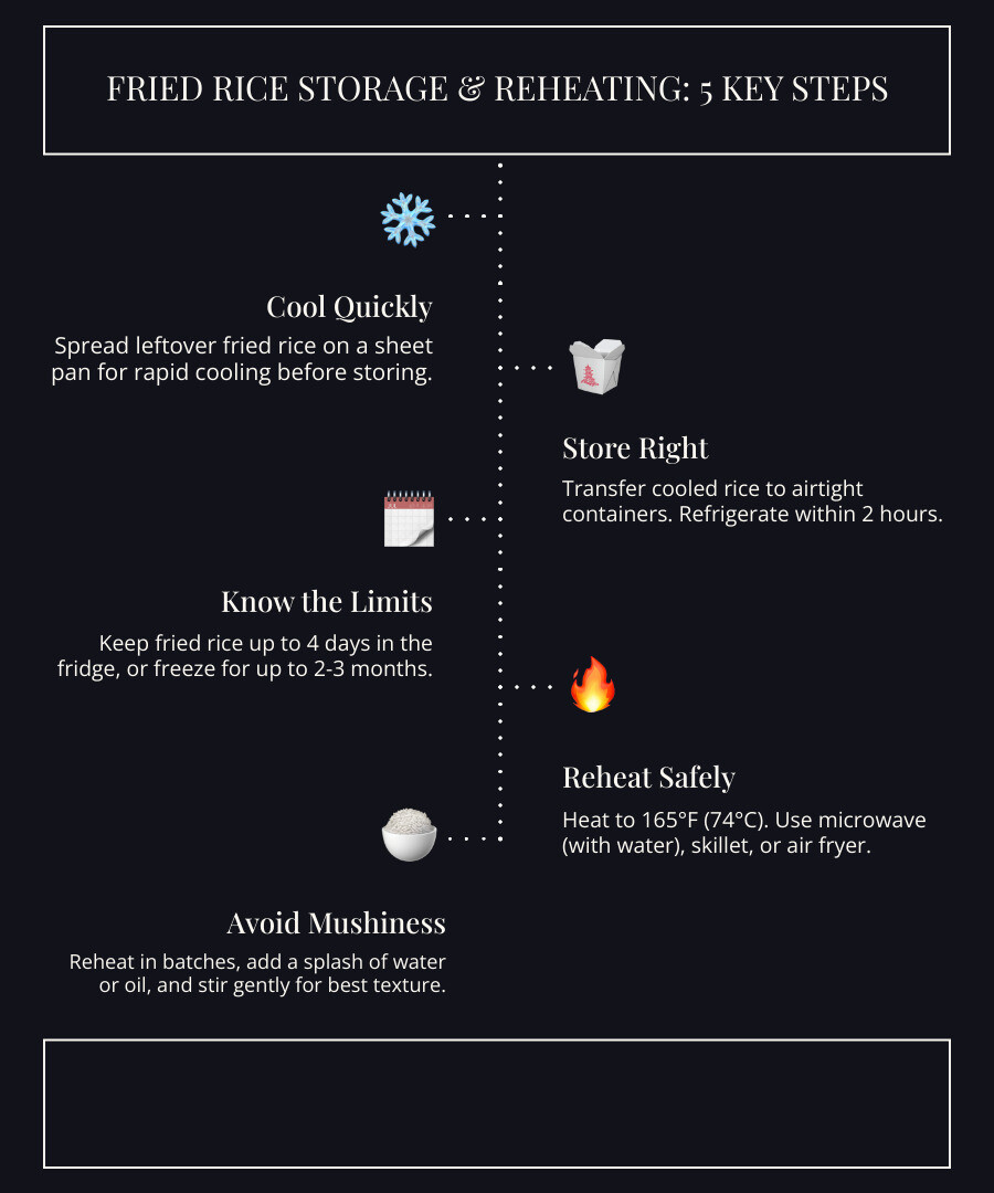 Infographic showing proper storage times: 4 days refrigerated, 2-3 months frozen, and food safety temperatures for reheating - fried rice recipe infographic infographic-line-5-steps-dark