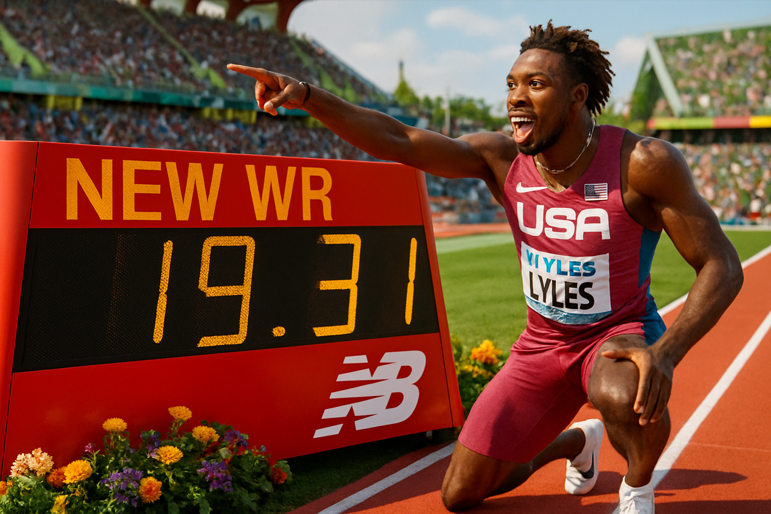 Noah Lyles pointing at the track clock after setting a record, symbolizing his pursuit of even faster times - noah lyles Noah Lyles pointing at the track clock after setting a record, symbolizing his pursuit of even faster times - noah lyles
