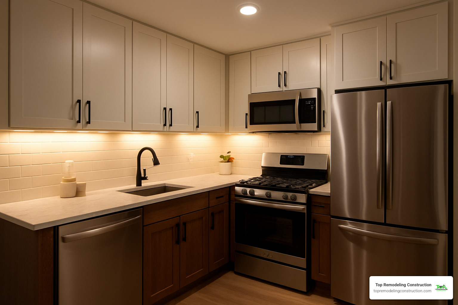 under-cabinet LED lighting creating warm glow - kitchen cabinet makeovers