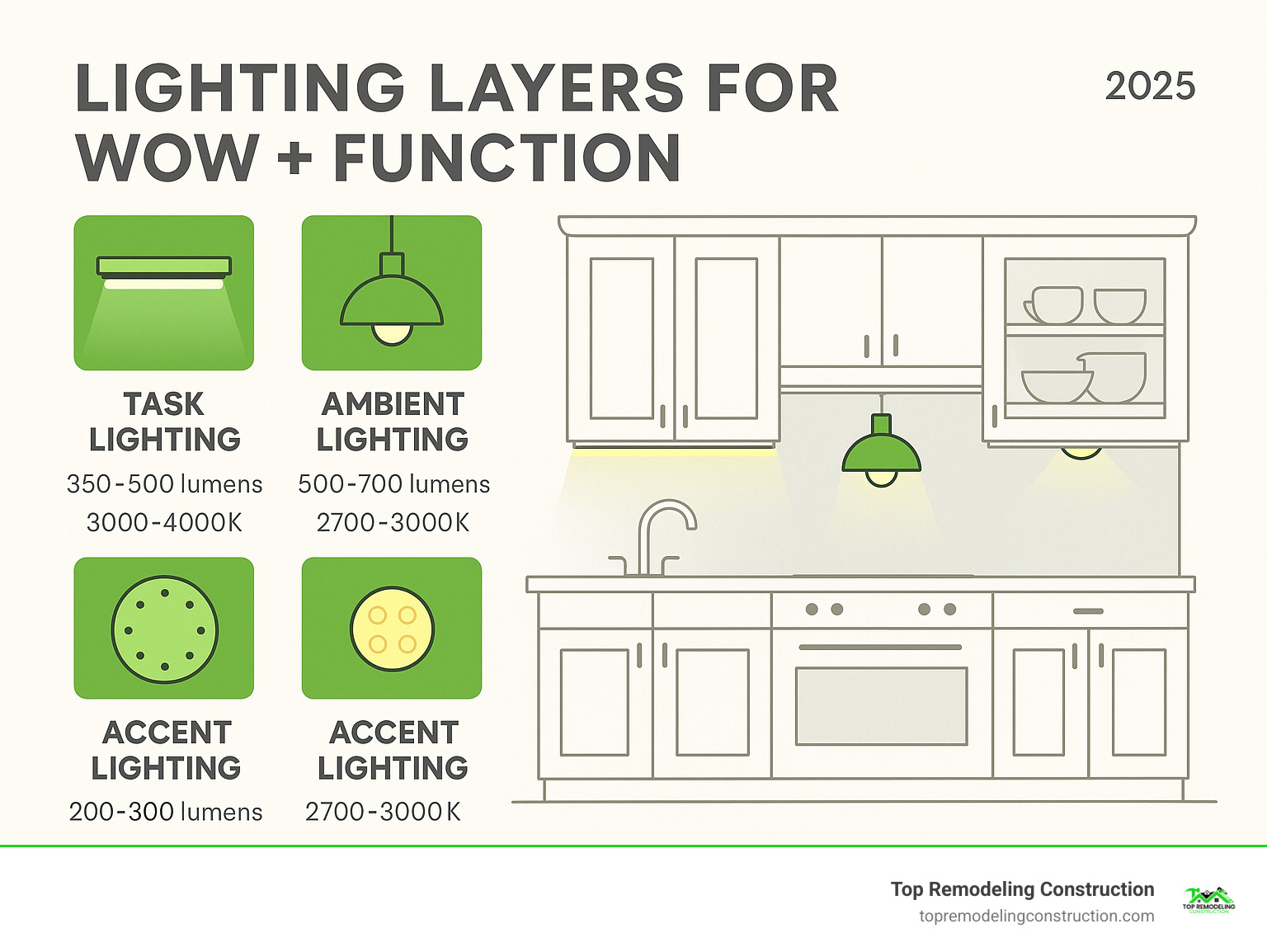 Infographic showing lighting layer combinations with task lighting (under-cabinet LED strips), ambient lighting (dimmable pendants), and accent lighting (in-cabinet puck lights) with recommended lumens and color temperatures for each application - kitchen cabinet makeovers infographic