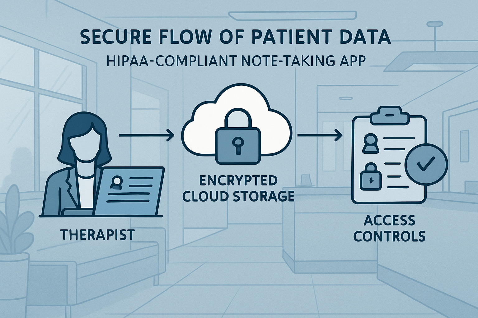 Diagram of HIPAA-secure data flow inside a note-taking app Diagram of HIPAA-secure data flow inside a note-taking app