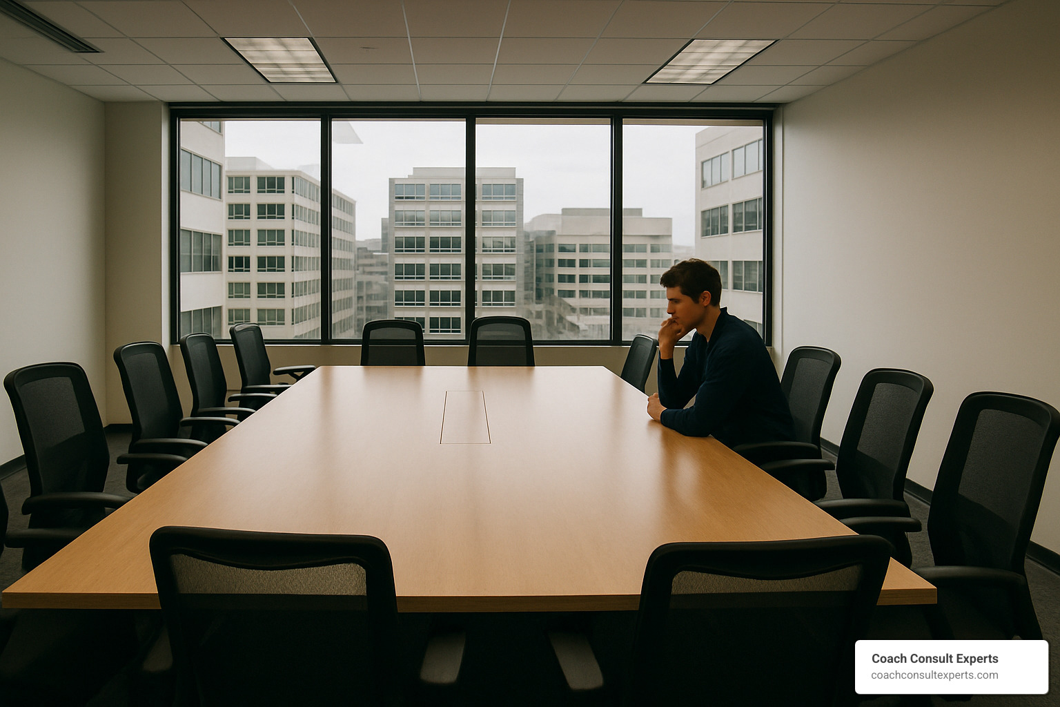 Empty meeting room with one person sitting alone, symbolizing how limiting beliefs prevent participation and idea sharing - definition of limiting beliefs