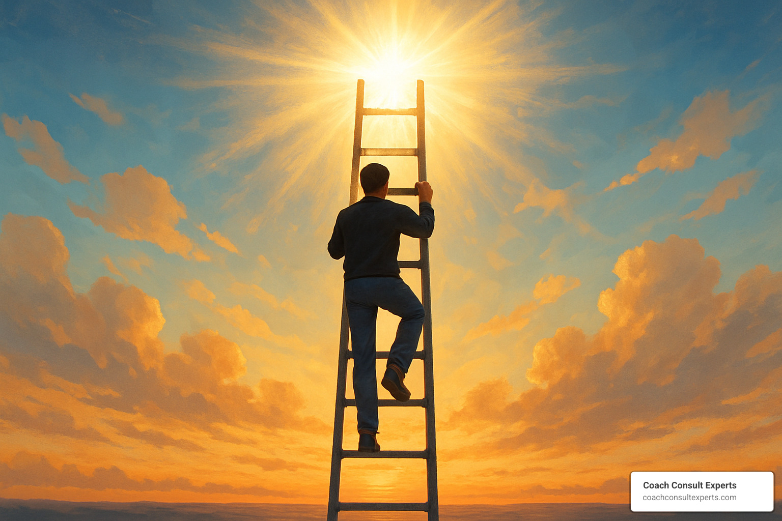 Person climbing a ladder toward bright light, symbolizing the journey from limiting beliefs to unlimited potential - definition of limiting beliefs