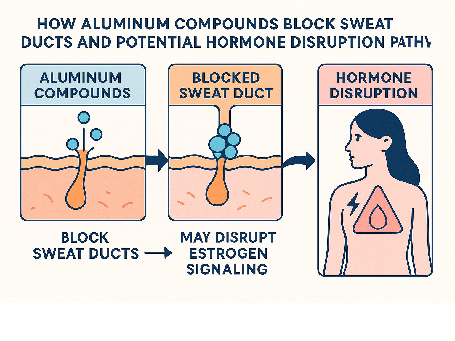 Scientific diagram showing how aluminum compounds block sweat ducts and potential hormone disruption pathways - natural deodorant alternatives infographic 