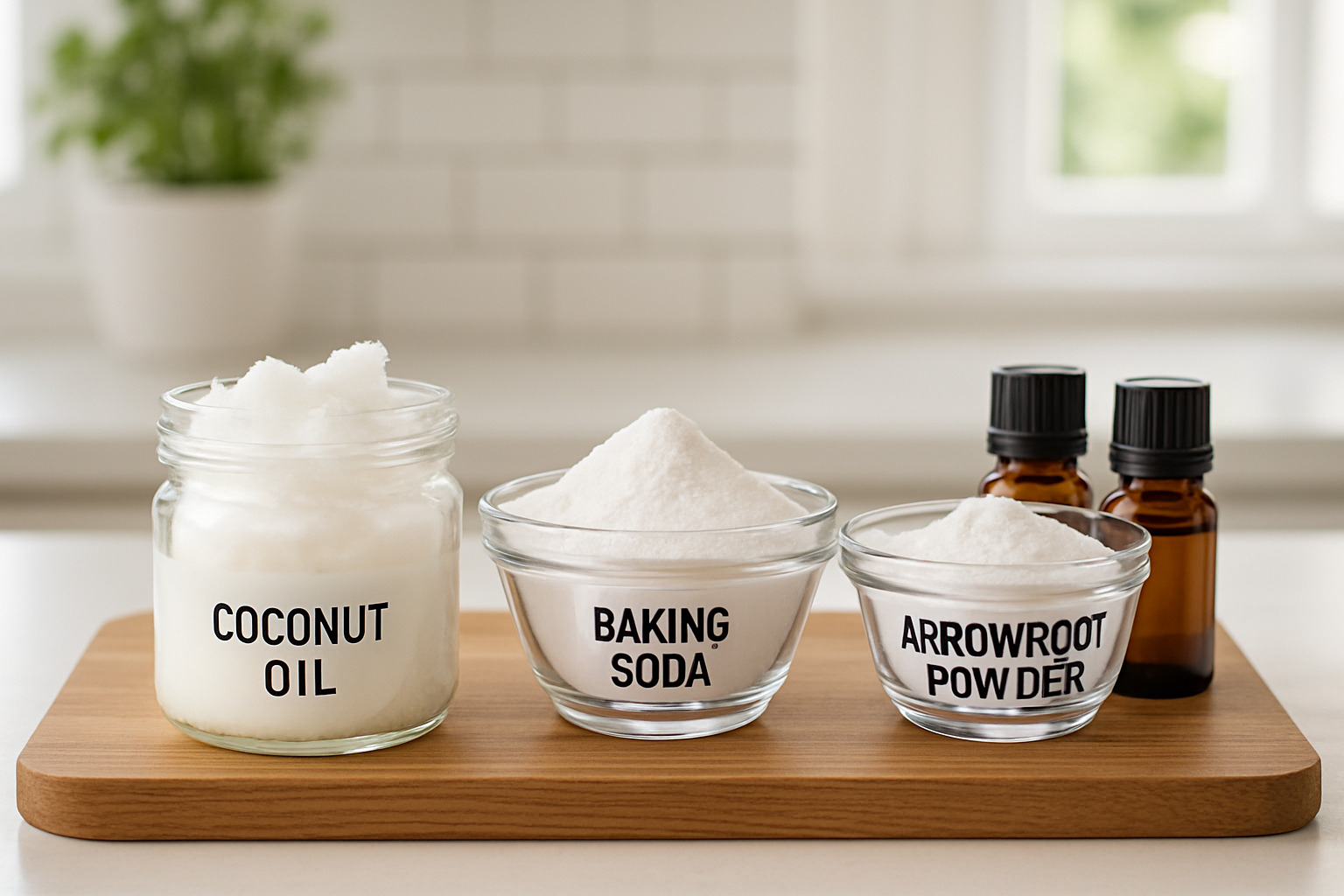 Ingredients for homemade deodorant including coconut oil, baking soda, arrowroot powder, and essential oils arranged on a wooden cutting board - natural deodorant alternatives