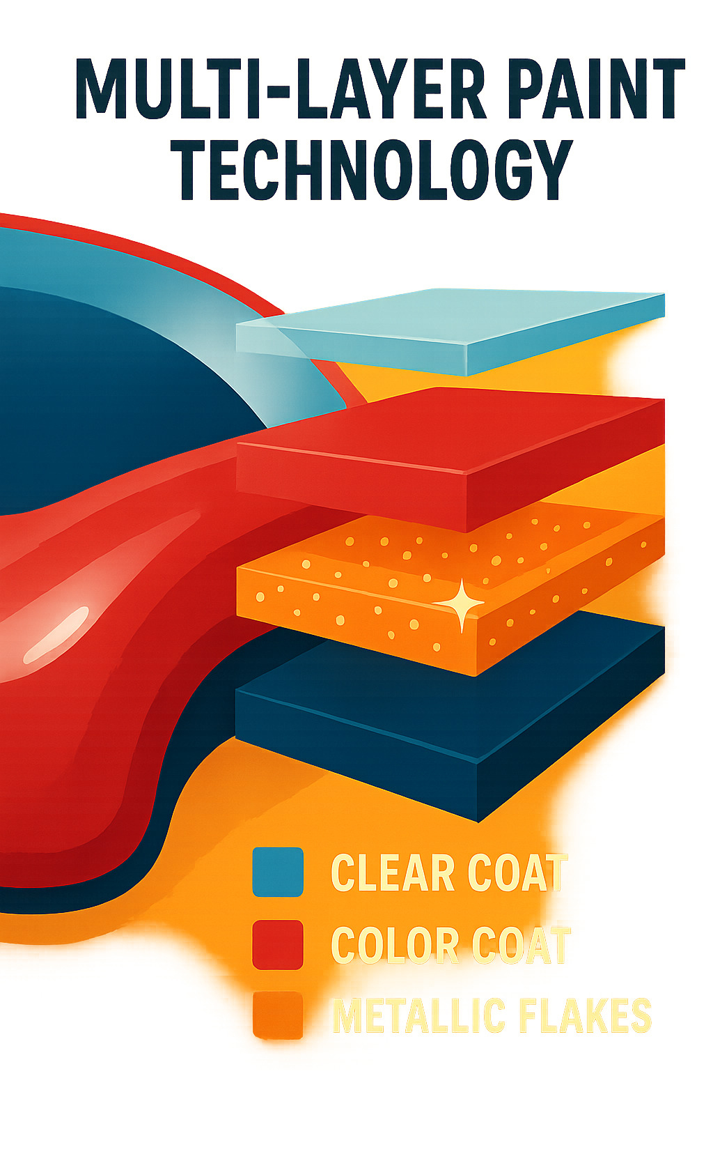 Infographic explaining multi-layer paint technology showing base coat, metallic flakes, color coat, and clear coat layers - best luxury car colors infographic 