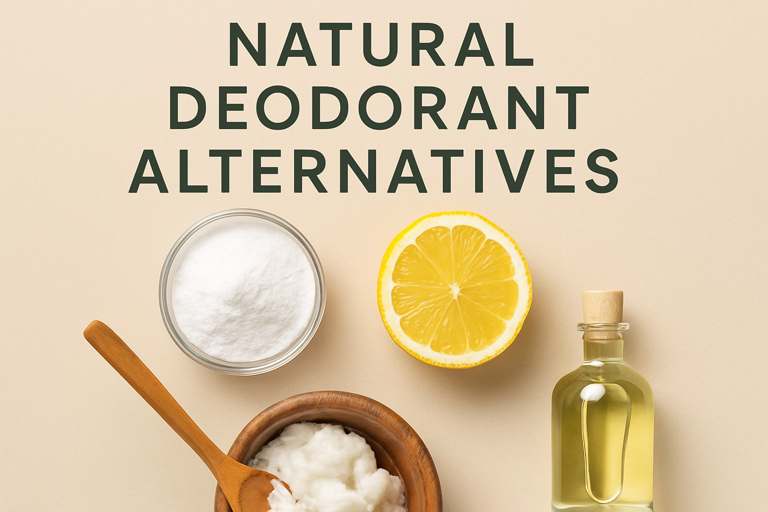 Collection of natural deodorant alternatives including crystal sticks, cream jars, and spray bottles arranged on a marble surface - natural deodorant alternatives