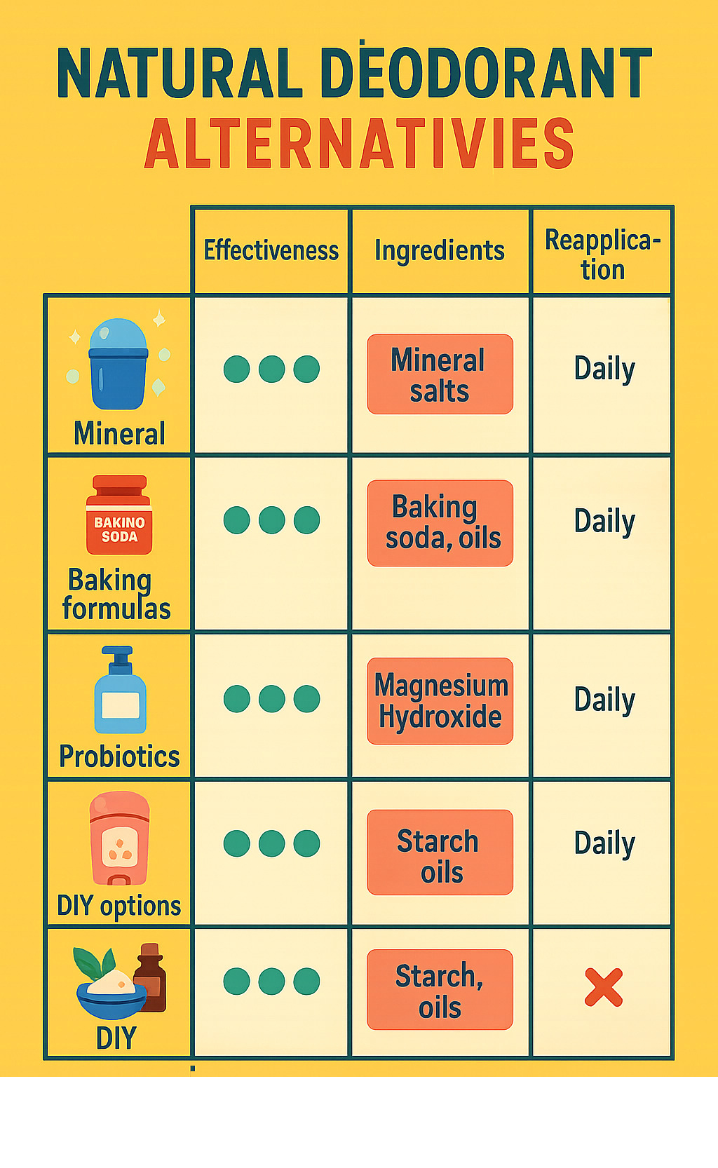 Comprehensive comparison chart showing effectiveness, ingredients, and reapplication frequency of natural deodorant alternatives including mineral salts, baking soda blends, magnesium formulas, probiotics, and DIY options with safety ratings for sensitive skin - natural deodorant alternatives infographic 