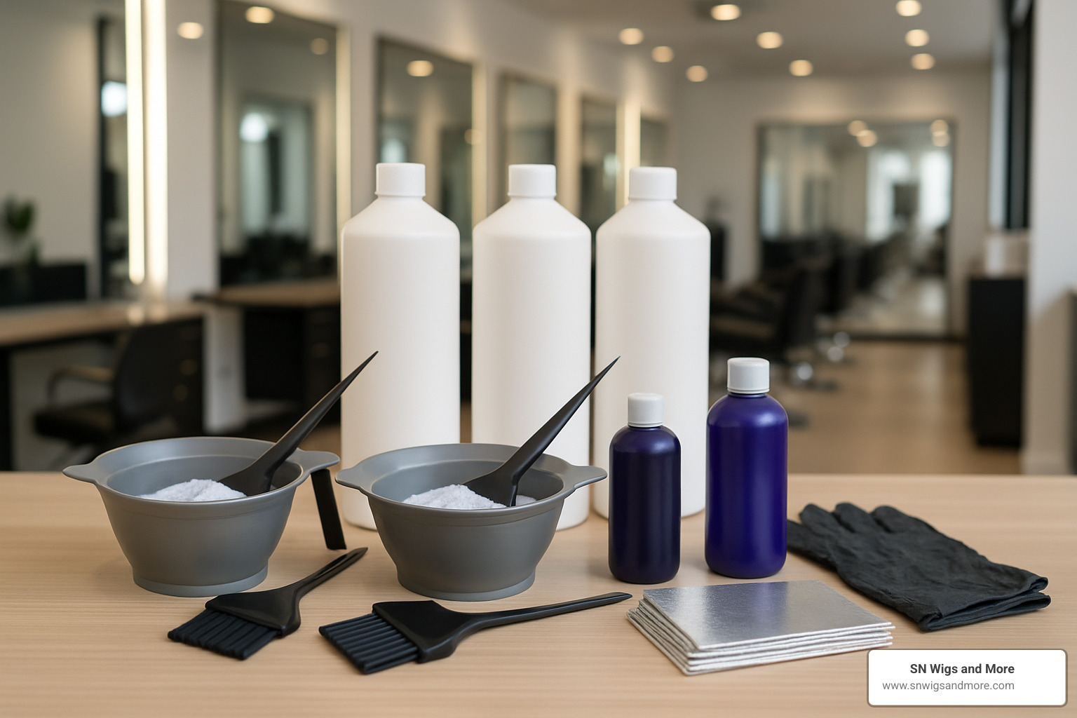 bleaching and toning supplies arranged on a salon counter - blue hair care