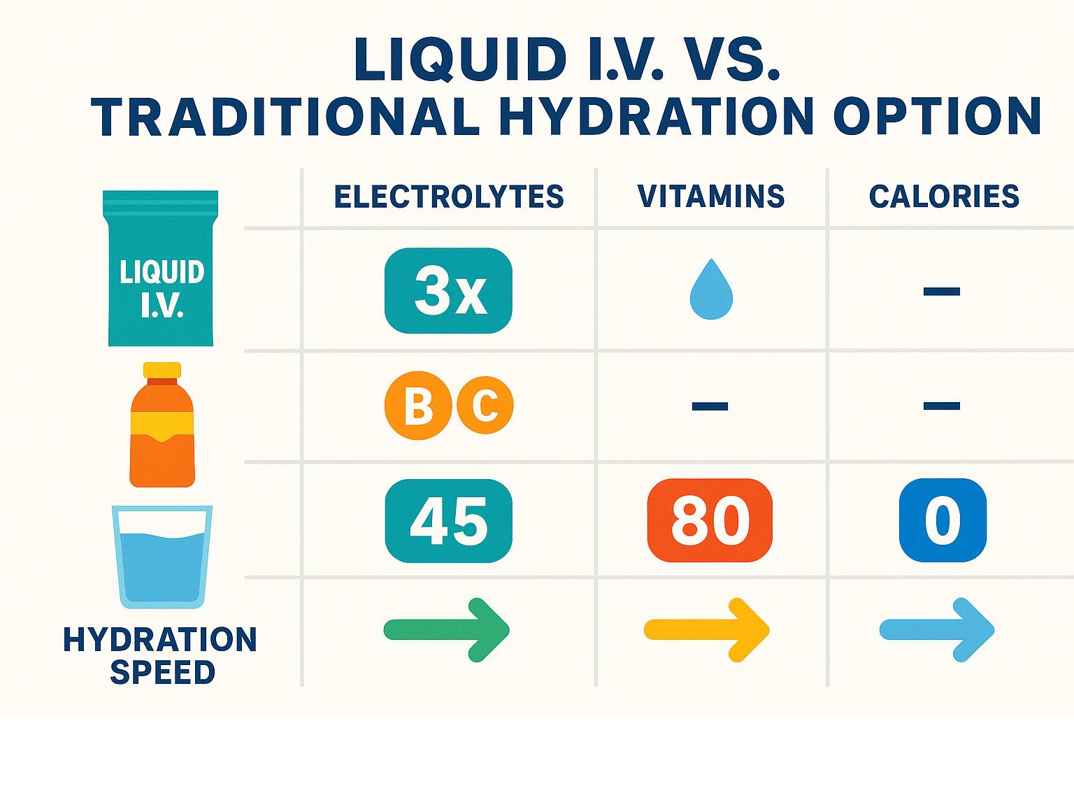 Infographic comparing Liquid IV to sports drinks and water on key metrics