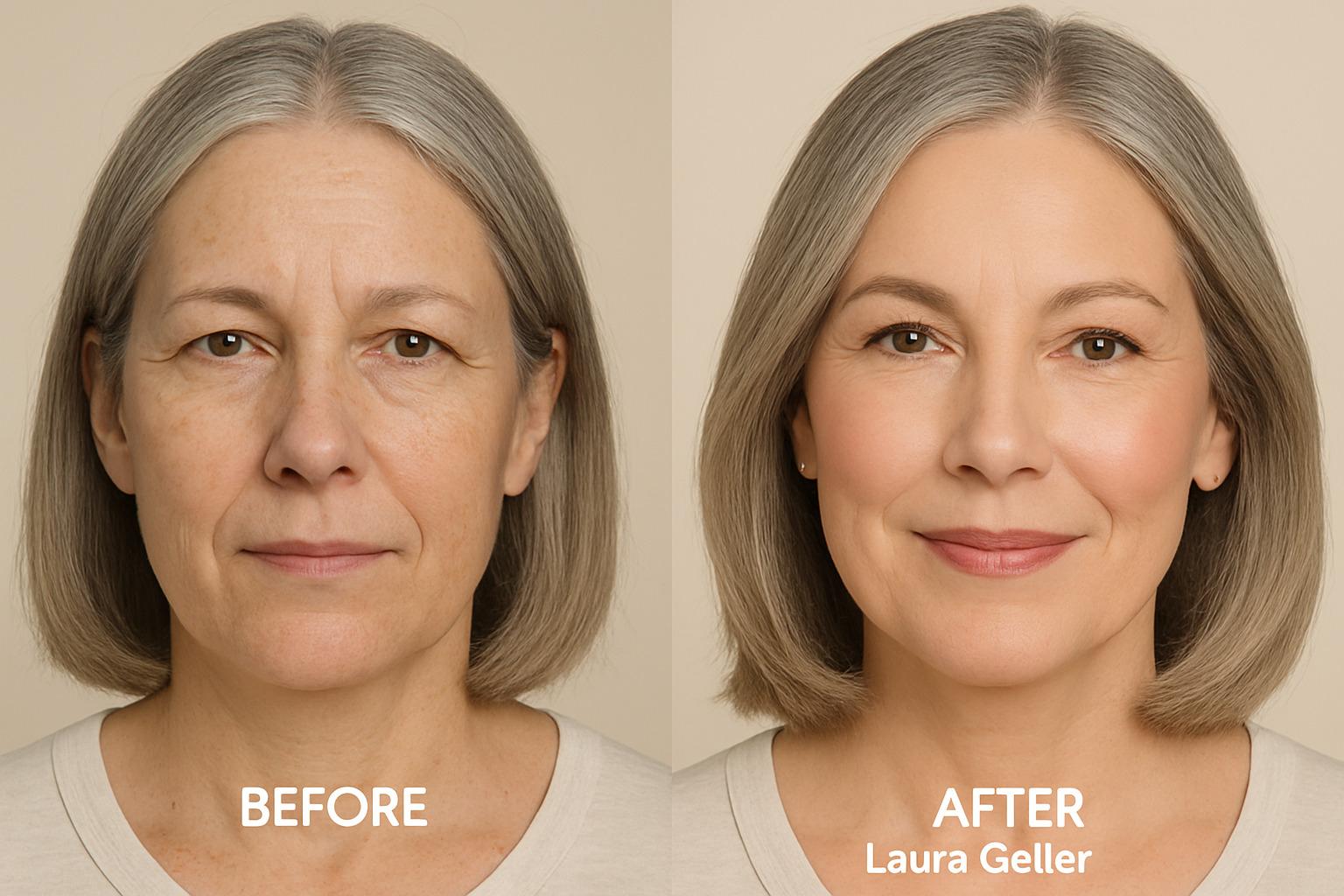 Before and after comparison showing a 50-year-old model with and without Laura Geller makeup, demonstrating the natural, radiant finish achieved with the 5-minute routine -  laura geller Before and after comparison showing a 50-year-old model with and without Laura Geller makeup, demonstrating the natural, radiant finish achieved with the 5-minute routine -  laura geller
