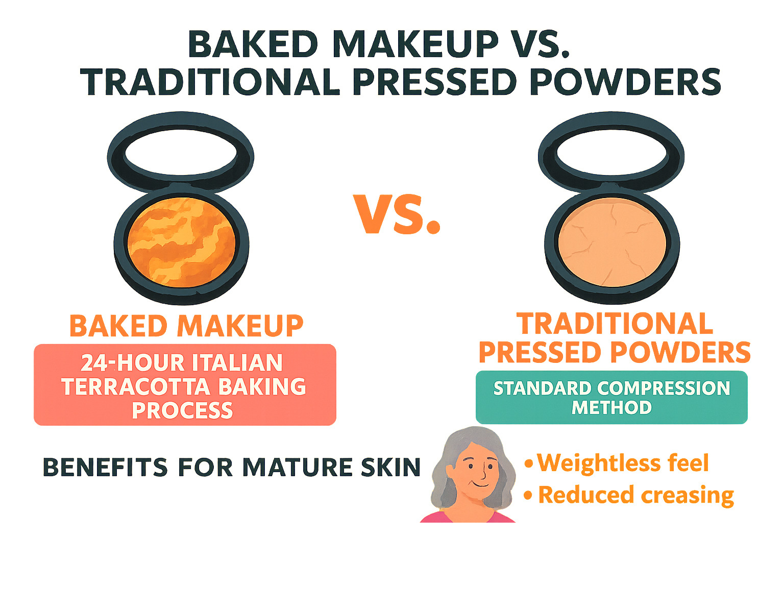 Infographic showing the difference between baked makeup and traditional pressed powders, highlighting the 24-hour Italian terracotta baking process versus standard compression methods, with benefits for mature skin including weightless feel and reduced creasing -  laura geller infographic  Infographic showing the difference between baked makeup and traditional pressed powders, highlighting the 24-hour Italian terracotta baking process versus standard compression methods, with benefits for mature skin including weightless feel and reduced creasing -  laura geller infographic