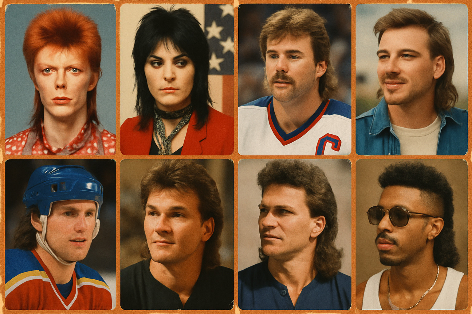 Collage of famous mullet wearers throughout history including David Bowie, Joan Jett, hockey players, and modern celebrities - mullet haircut