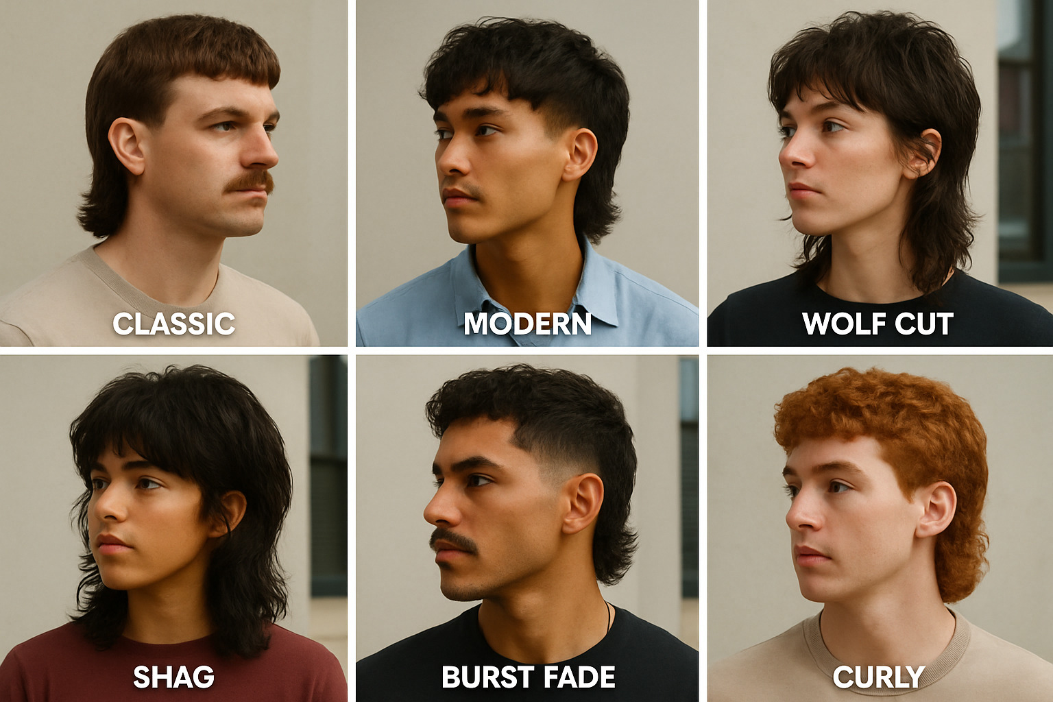 Grid showing different mullet variations including classic, modern, wolf cut, shag, burst fade, and curly styles - mullet haircut