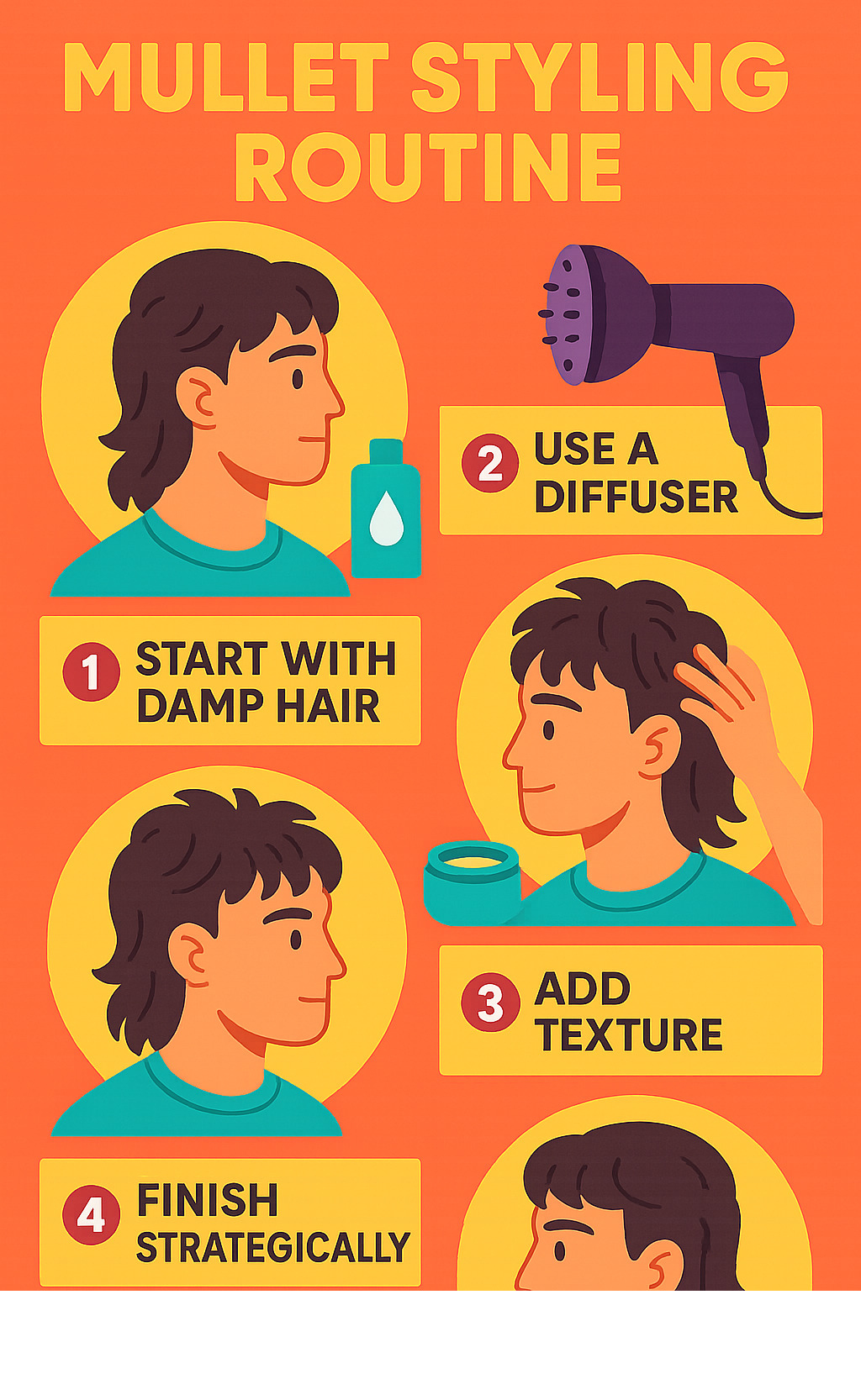 Infographic showing step-by-step mullet styling routine with product application and timing - mullet haircut infographic 