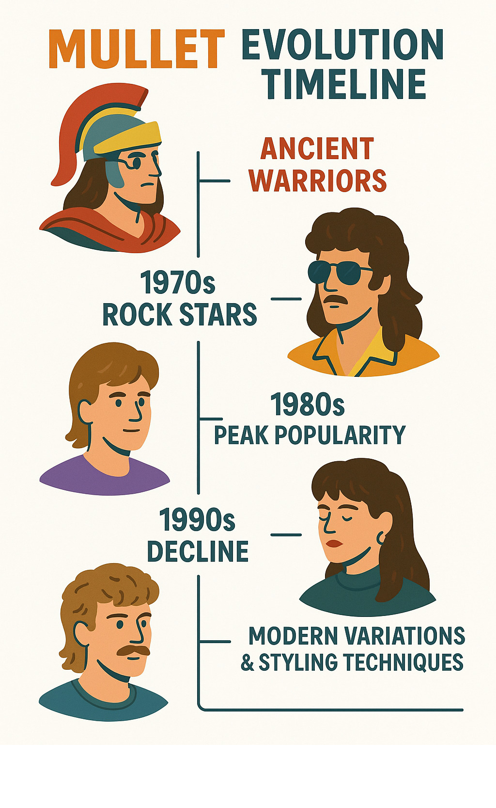 Infographic showing mullet evolution timeline from ancient warriors through 1970s rock stars, 1980s peak popularity, 1990s decline, and 2020s revival with modern variations and styling techniques - mullet haircut infographic 