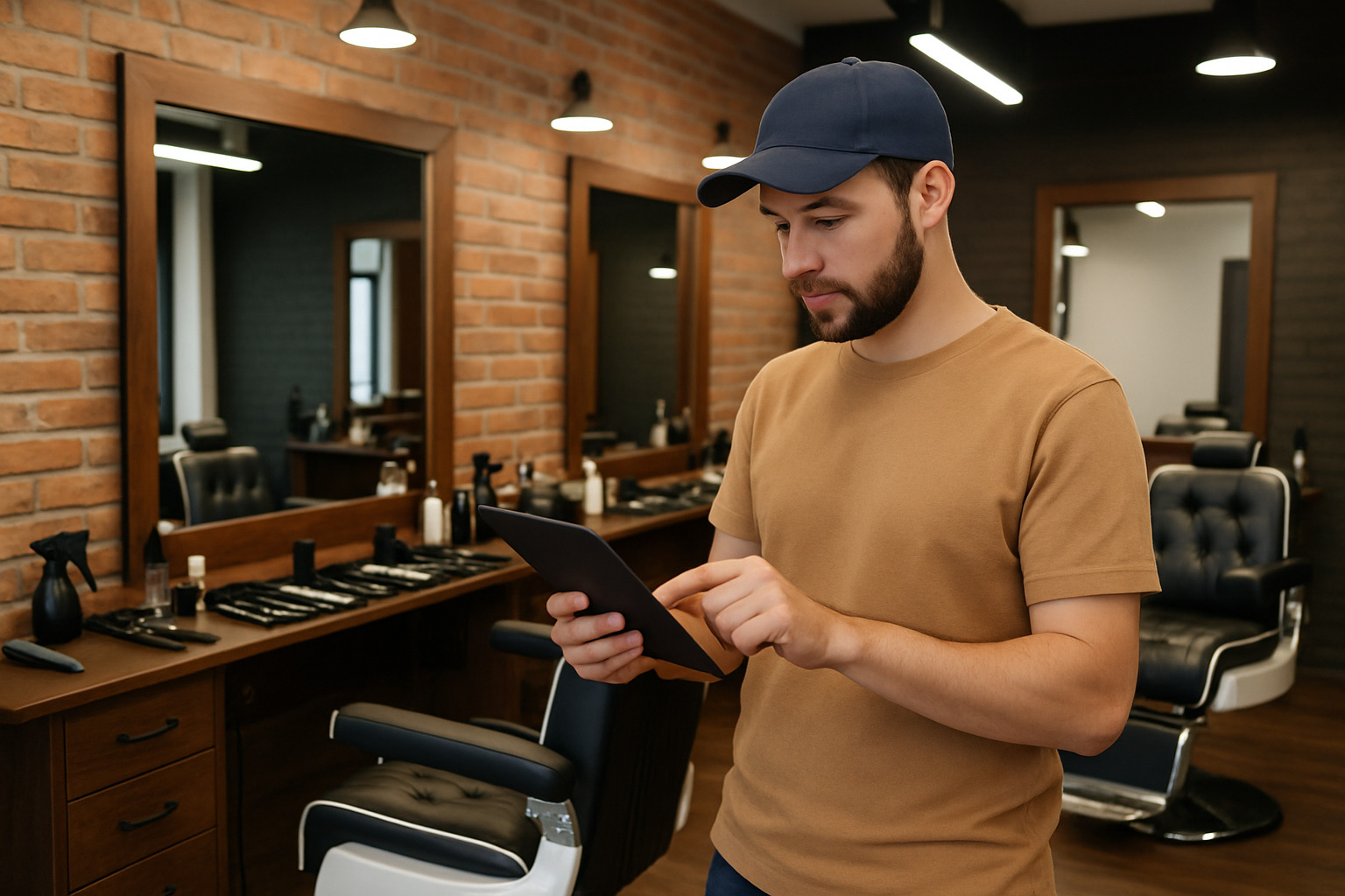 Barber using tablet for online booking system - barbershop near me
