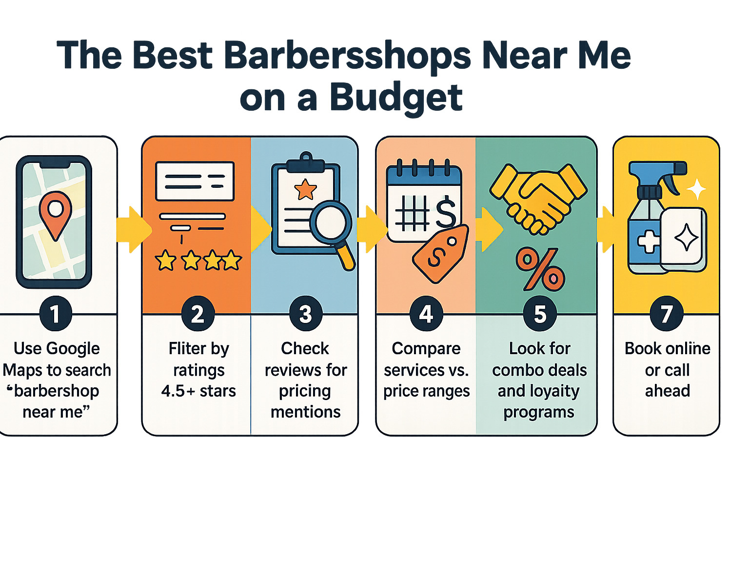 Infographic showing step-by-step guide to finding budget barbershops: 1) Use Google Maps to search "barbershop near me", 2) Filter by ratings 4.5+ stars, 3) Check reviews for pricing mentions, 4) Compare services offered vs. price ranges, 5) Look for combo deals and loyalty programs, 6) Verify sanitation standards, 7) Book online or call ahead - barbershop near me infographic 