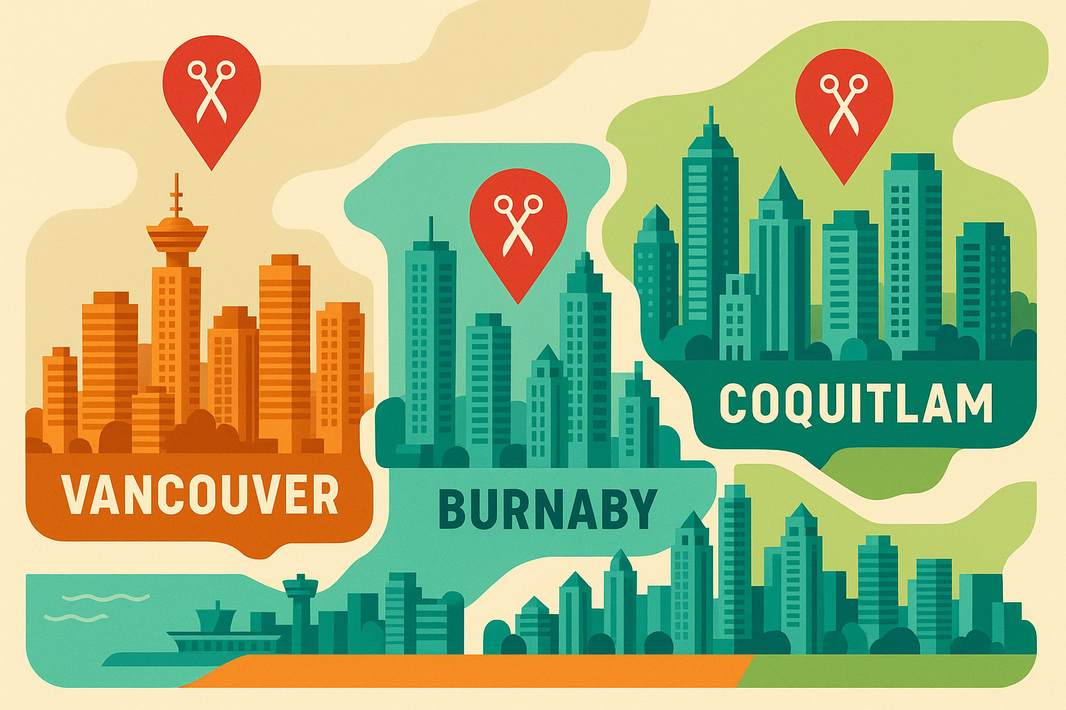 Skyline map showing Vancouver, Burnaby, and Coquitlam with barbershop location markers - barbershop near me
