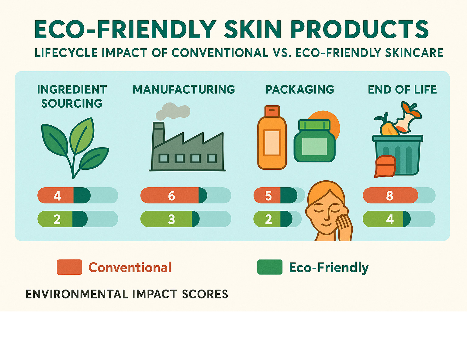 Infographic showing the lifecycle impact of conventional vs eco-friendly skincare products, including ingredient sourcing, manufacturing processes, packaging materials, usage phase, and end-of-life disposal options with environmental impact scores for each stage - eco friendly skin products infographic 