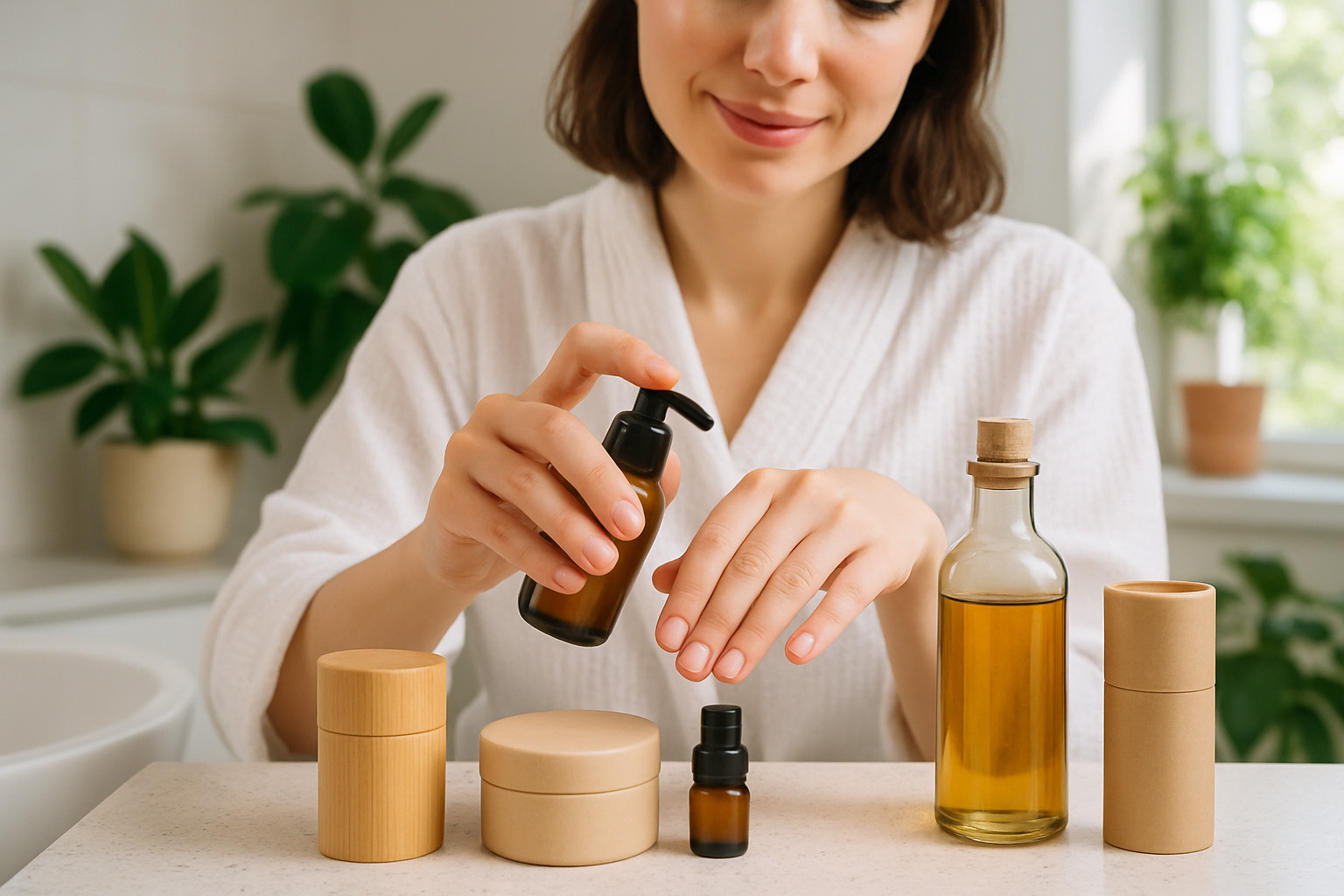 person applying eco-friendly skincare products with sustainable packaging visible in a bright, naturally-lit bathroom setting - eco friendly skin products