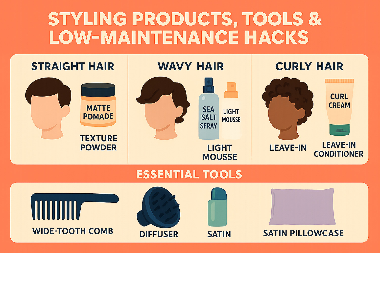 Infographic showing product types by hair texture: Straight hair (matte pomade, texture powder), Wavy hair (sea salt spray, light mousse), Curly hair (curl cream, leave-in conditioner), plus essential tools (wide-tooth comb, diffuser, satin pillowcase) - boys haircuts infographic 