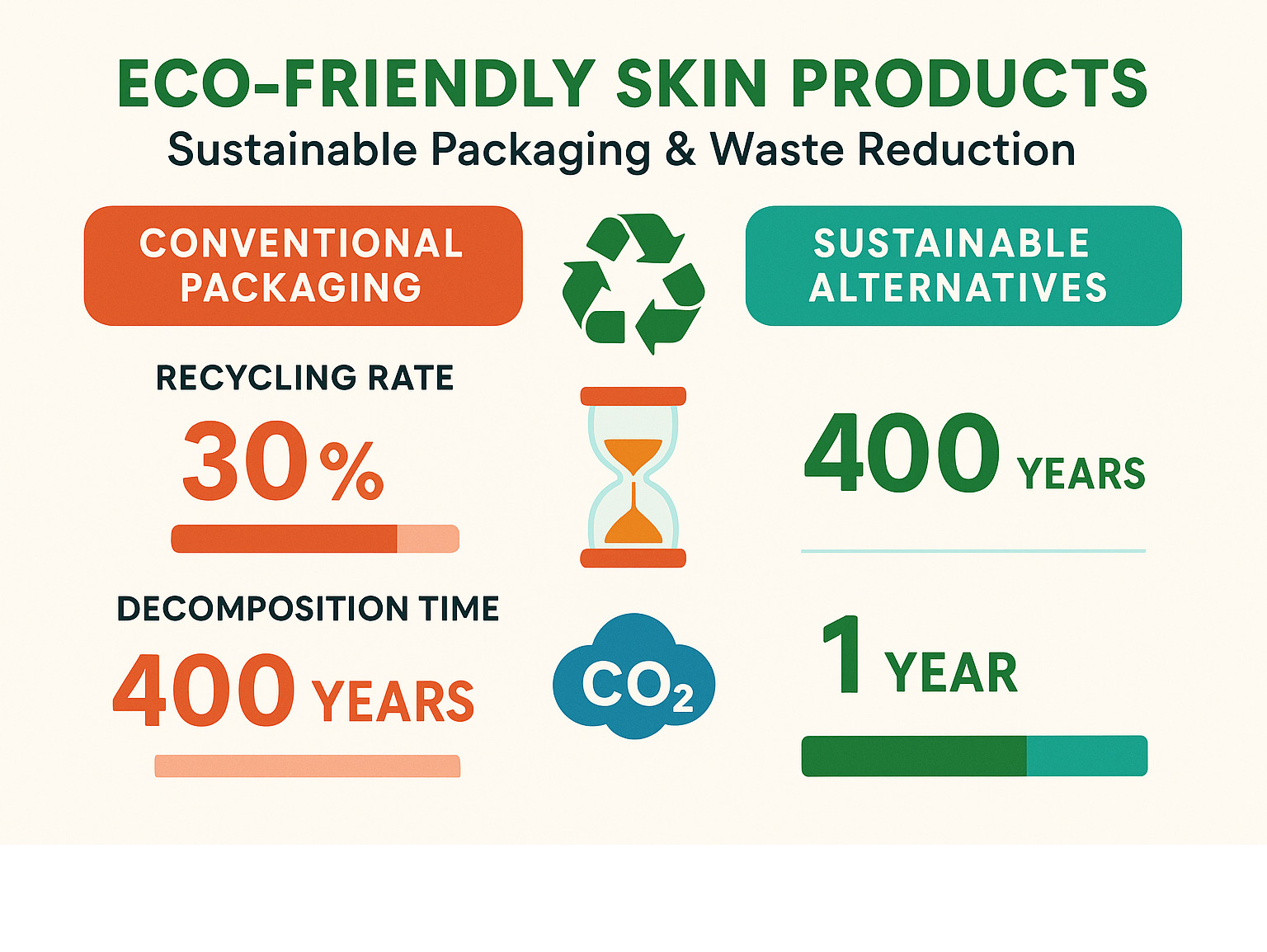 Infographic comparing waste reduction statistics between conventional skincare packaging versus sustainable alternatives, showing recycling rates, decomposition times, and carbon footprint data - eco friendly skin products infographic 