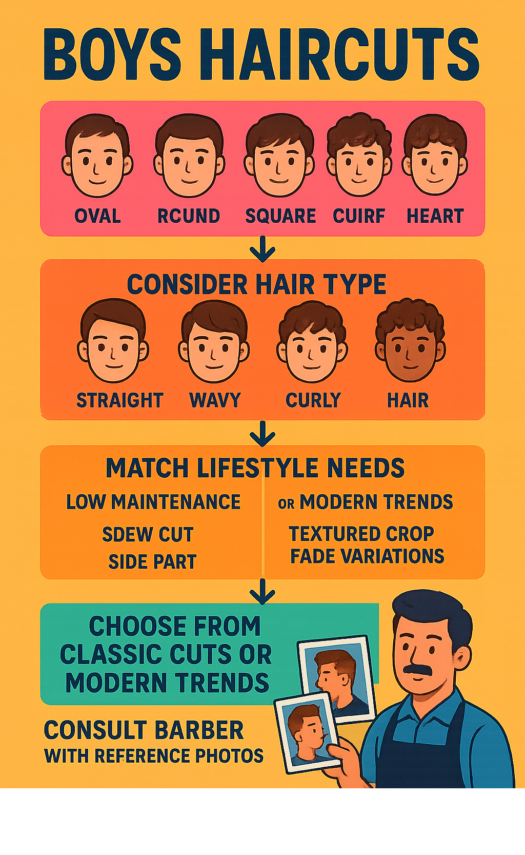 Infographic showing decision flowchart: Start with face shape (oval, round, square, heart) → Consider hair type (straight, wavy, curly) → Match lifestyle needs (low maintenance vs styled) → Choose from classic cuts (crew cut, side part) or modern trends (textured crop, fade variations) → Consult barber with reference photos - boys haircuts infographic 