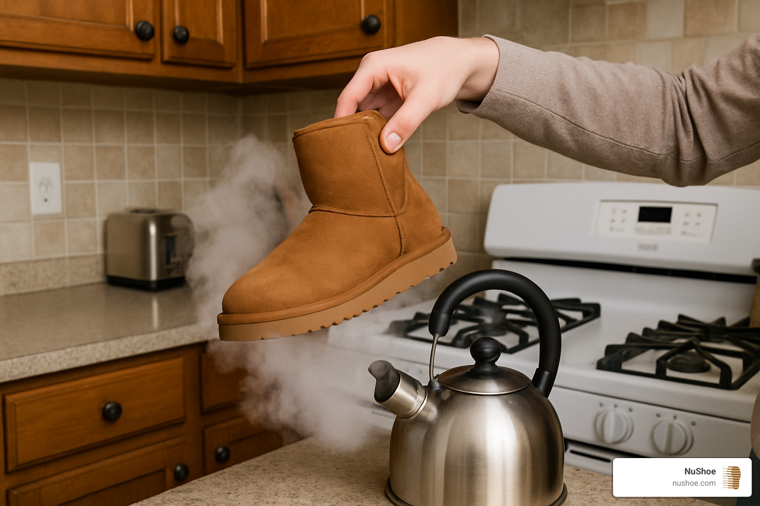 steaming suede boot over kettle - restore suede boots