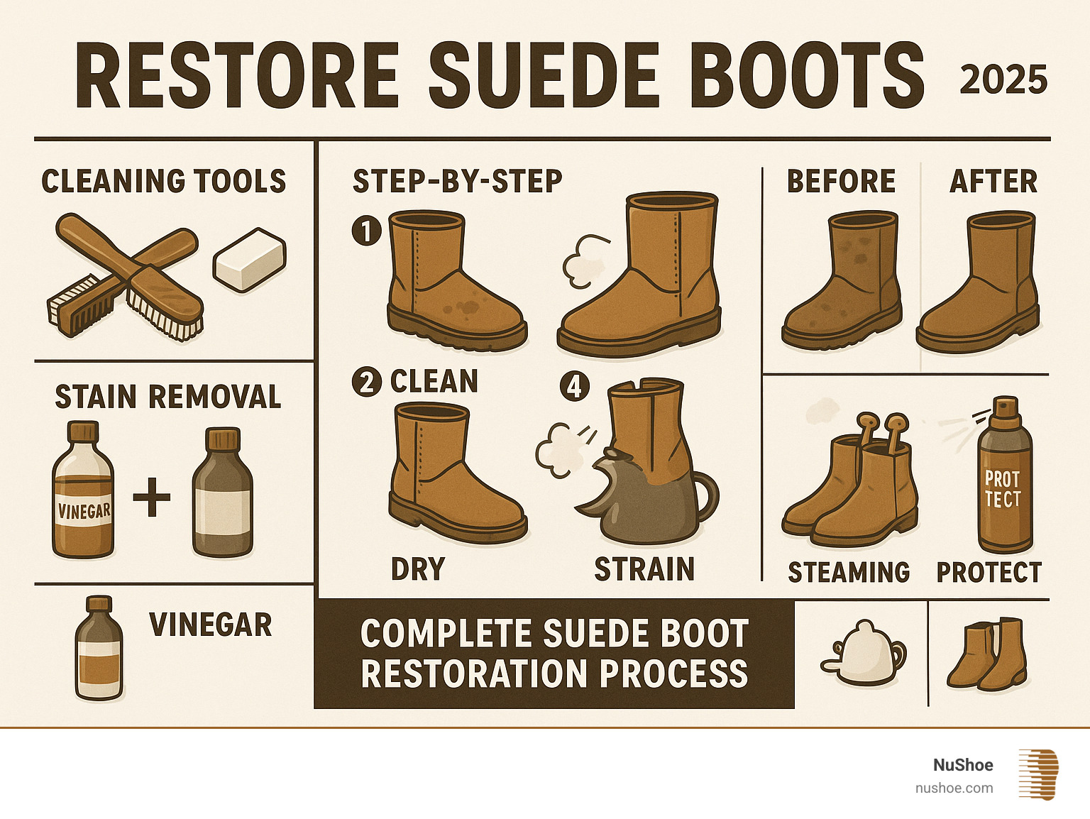 Complete suede boot restoration process showing cleaning tools, step-by-step techniques, stain removal methods, steaming process, drying setup, and protective spray application with before and after boot comparison - restore suede boots infographic 