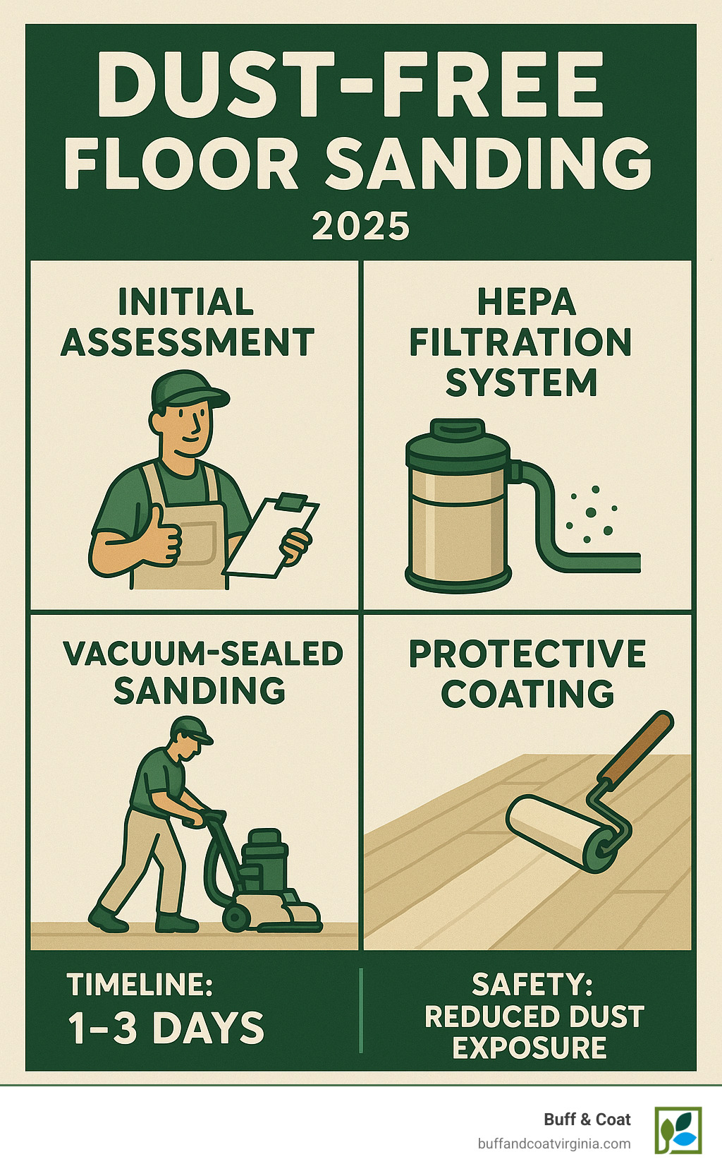 Comprehensive guide showing dust-free floor sanding process from initial assessment through HEPA filtration system, vacuum-sealed sanding equipment, and final protective coating application with timeline and safety benefits - dust free floor sanding near me infographic Comprehensive guide showing dust-free floor sanding process from initial assessment through HEPA filtration system, vacuum-sealed sanding equipment, and final protective coating application with timeline and safety benefits - dust free floor sanding near me infographic