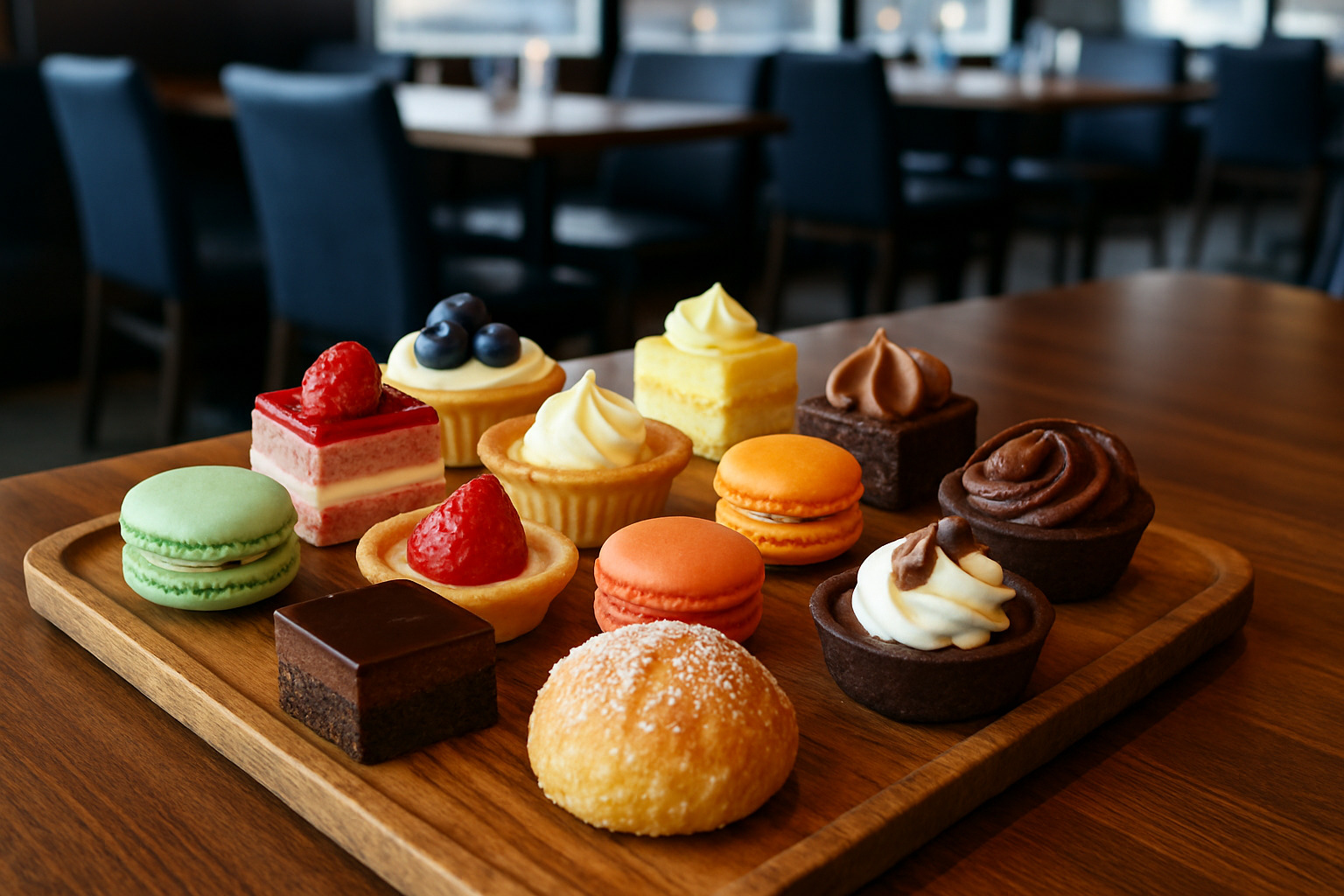 Mixed mini-dessert board with various colorful small desserts - Dining trends 2023
