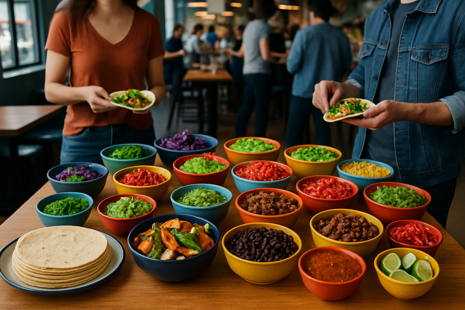 DIY taco bar with various toppings and salsas - Dining trends 2023