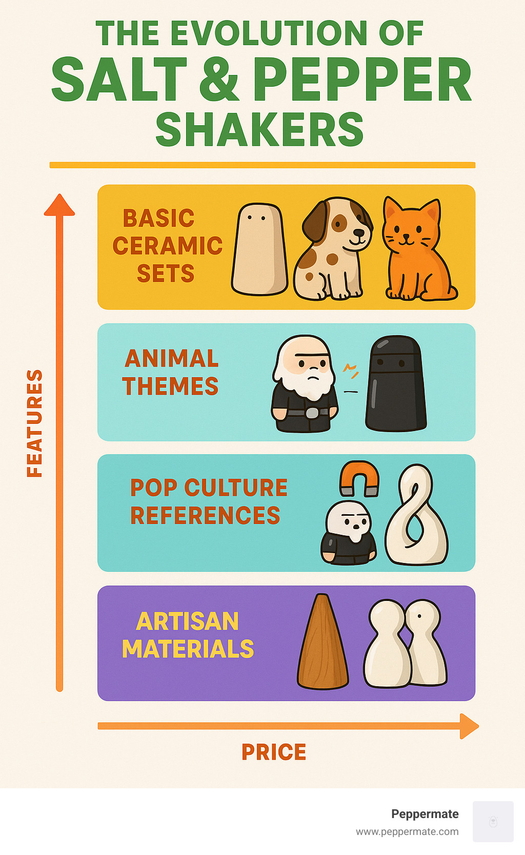 Infographic showing the evolution of salt and pepper shakers from basic ceramic sets to modern sculptural designs, highlighting key trends like animal themes, pop culture references, magnetic mechanisms, and artisan materials with price ranges from budget-friendly to collectible premium pieces - funky unique salt and pepper shakers infographic 