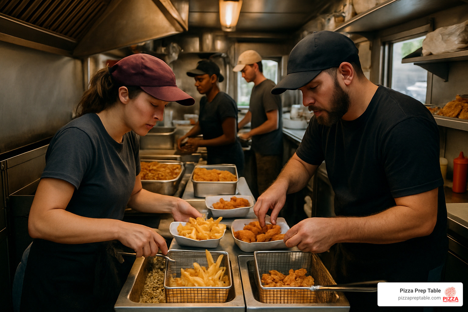 busy food truck kitchen with compact fryers - countertop deep fryer