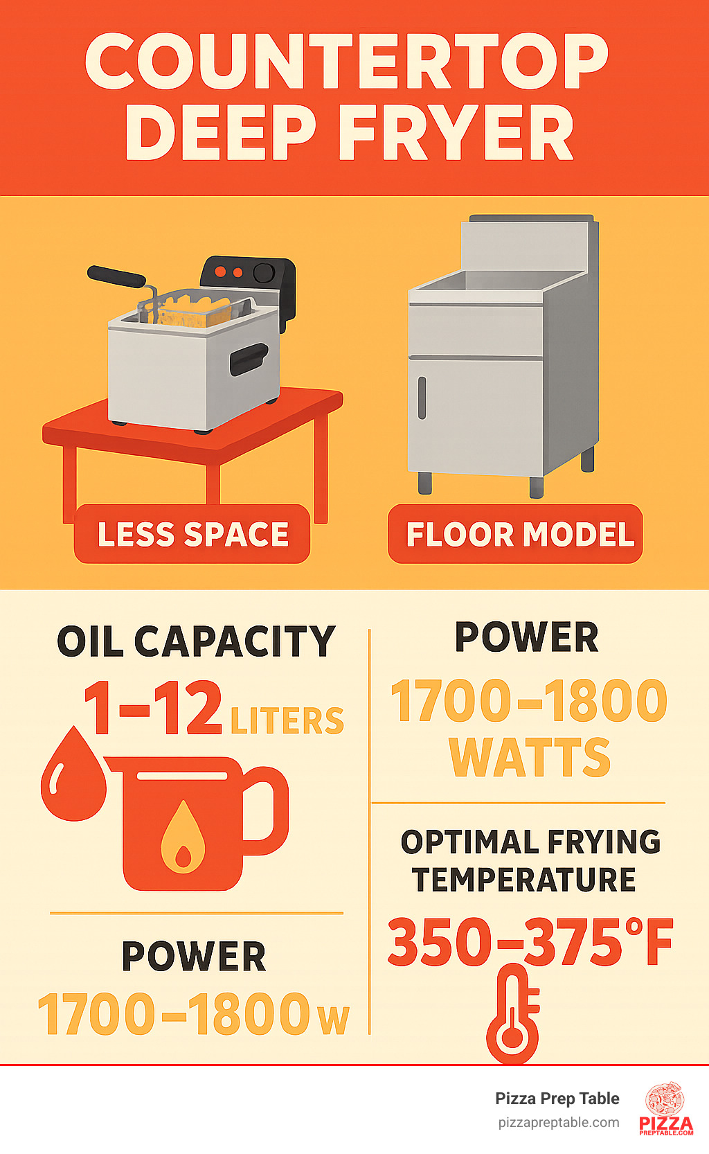 Infographic showing countertop deep fryer space requirements compared to floor models, oil capacity ranges from 1-12 liters, power requirements of 1700-1800 watts, and temperature ranges of 350-375°F for optimal frying - countertop deep fryer infographic 