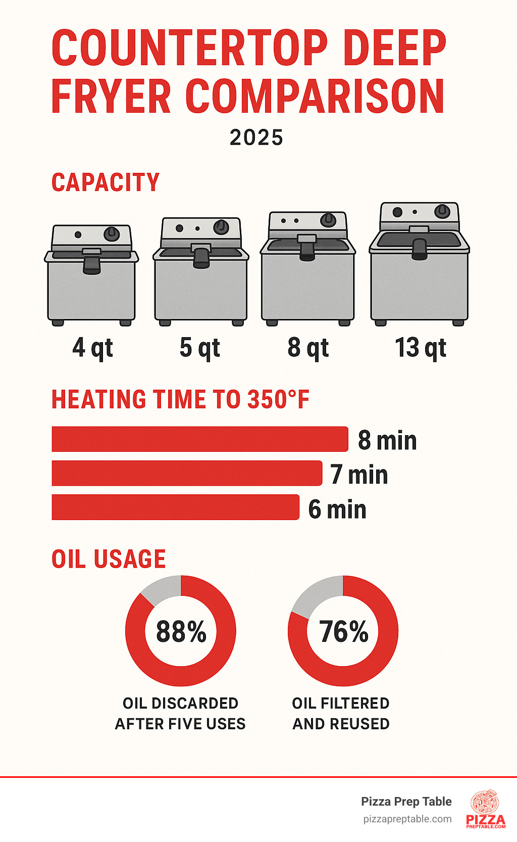 Infographic showing fryer capacity comparisons, heating times, and oil usage statistics across different models - countertop deep fryer infographic 
