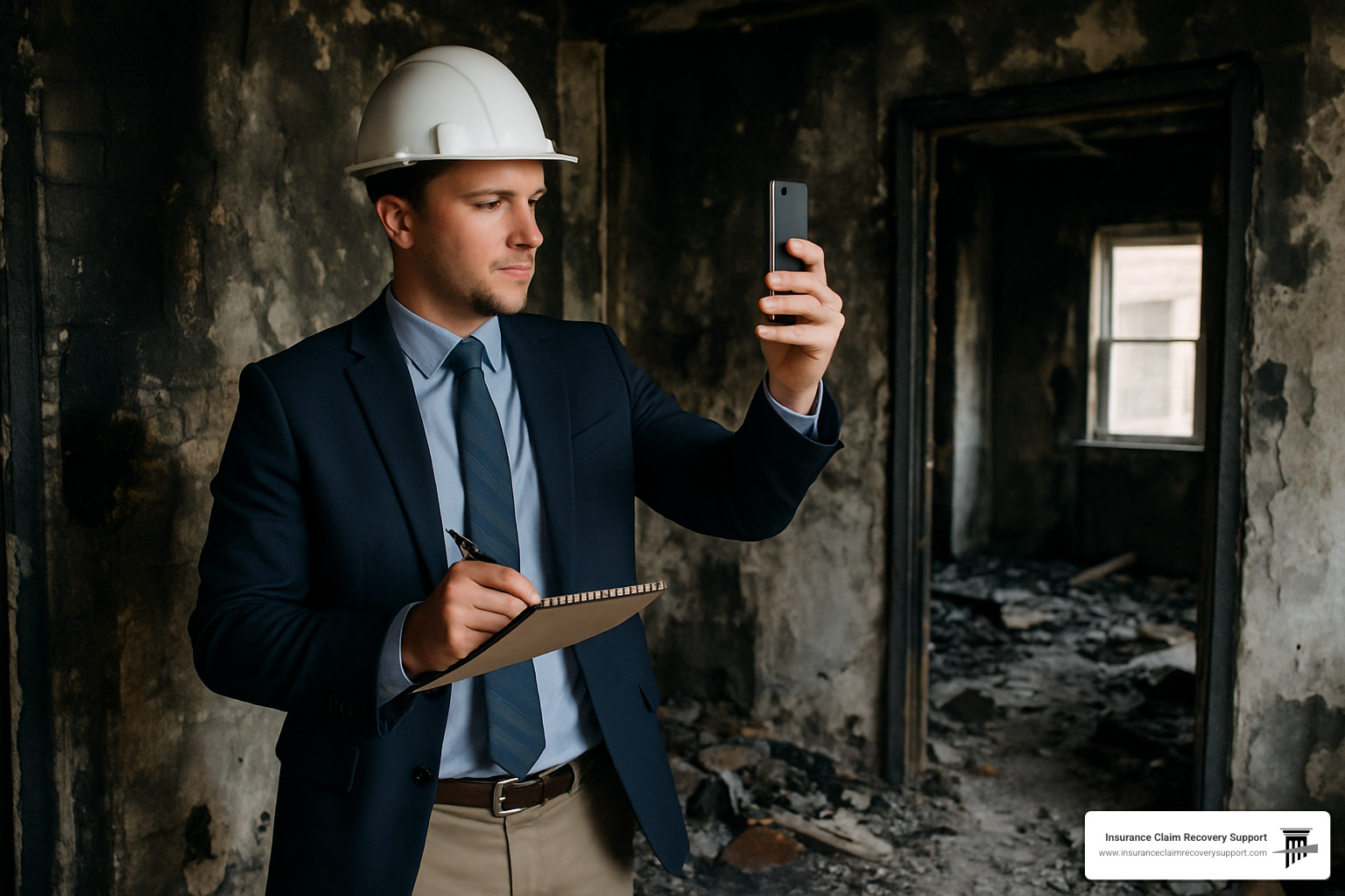 Adjuster inspecting fire damage to document loss for insurance claim - public claim adjuster firm texas