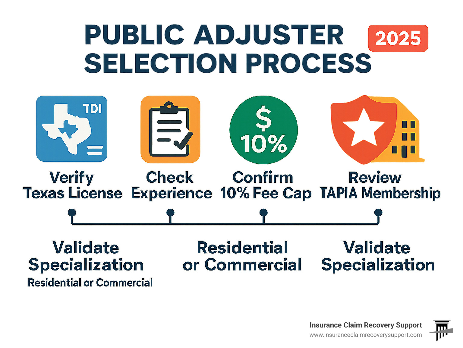 Infographic showing the public adjuster selection process: verify Texas license through TDI, check experience with your damage type, confirm 10% fee cap compliance, review TAPIA membership, ensure no upfront costs, and validate specialization in residential or commercial claims - public claim adjuster firm texas infographic 